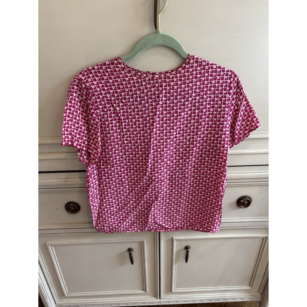 Vintage Hana Sung Pink White Geometric Pattern 100% Silk Blouse Medium‎